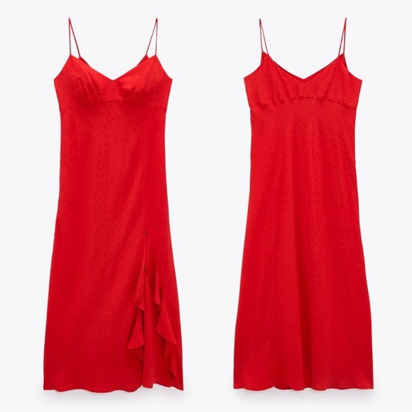 ZARA NEW JACQUARD DOTTED SLIP DRESS RUFFLE TRIM RED SIDE SLIT XL - Picture 3 of 12
